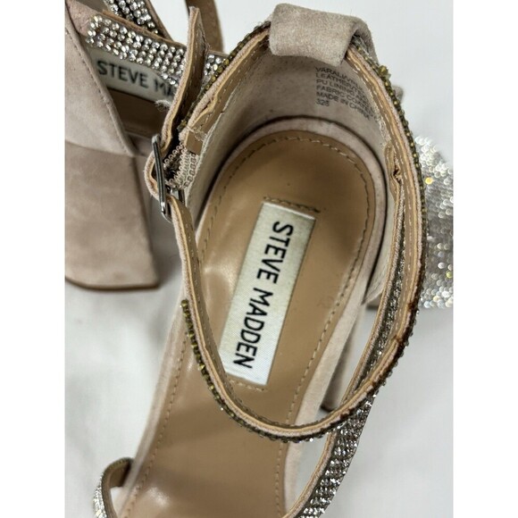 Steve Madden Varali Nude Sandals 7.5 Rhinestone Block Heel Suede - Picture 6 of 9